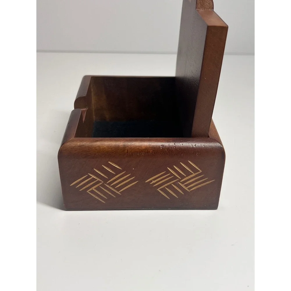 Handmade Mango Wood Trinket Box Etched Geometric Design Black Felt Lining Brown